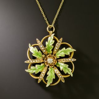Victorian Enamel, Seed Pearl and Diamond Leafy Pendant/Brooch - 2