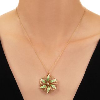 Victorian Enamel, Seed Pearl and Diamond Leafy Pendant/Brooch
