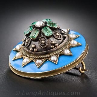 Victorian Enamel, Seed Pearl and Emerald Pin - 1