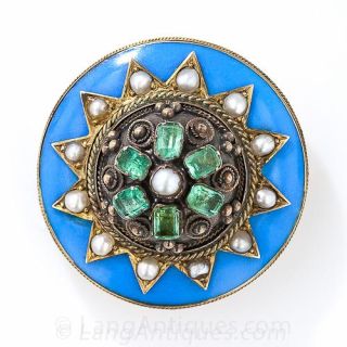 Victorian Enamel, Seed Pearl and Emerald Pin