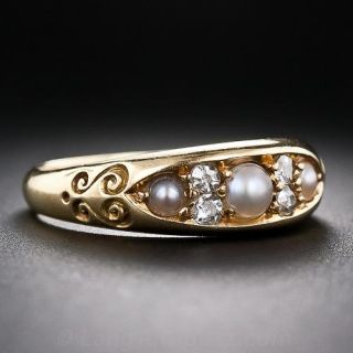 Victorian English 18k Gold Pearl and Diamond Ring