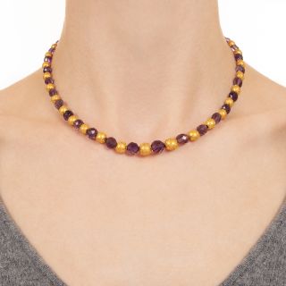 Victorian Etruscan Revival Amethyst and Gold Bead Necklace