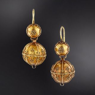 Victorian Etruscan Revival Ball Dangle Earrings - 1