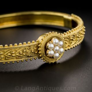 Victorian Etruscan Revival Bangle Bracelet with Pearls