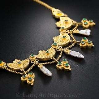 Victorian Etruscan Revival Emerald and Pearl Necklace
