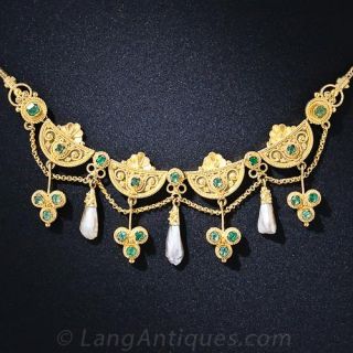 Victorian Etruscan Revival Emerald and Pearl Necklace - 3