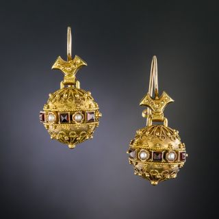 Victorian Etruscan Revival Garnet Dangle Earrings - 2