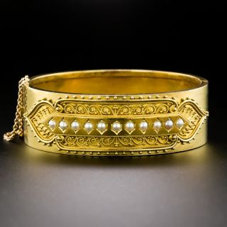 Victorian Etruscan Revival Natural Pearl Bangle Bracelet - 2