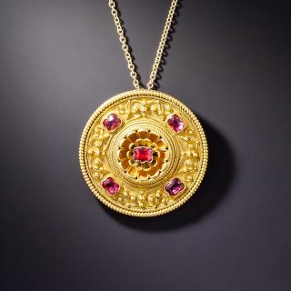 Victorian Etruscan Revival Red Spinel Pendant Necklace - 1
