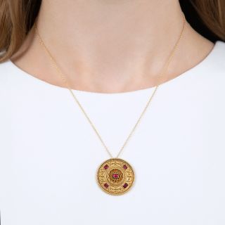 Victorian Etruscan Revival Red Spinel Pendant Necklace
