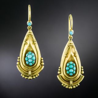 Victorian Etruscan Revival Turquoise Dangle Earrings - 2