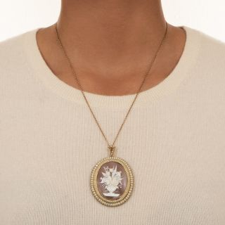 Victorian Floral Cameo and Seed Pearl Pendant
