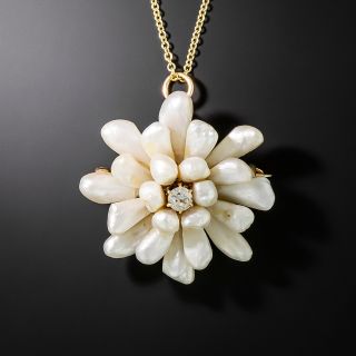 Victorian Freshwater Pearl and Diamond Flower Pendant/Pin by Kohn - 2