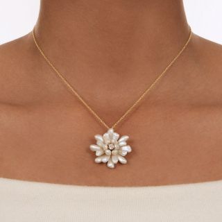 Victorian Freshwater Pearl and Diamond Flower Pendant/Pin by Kohn