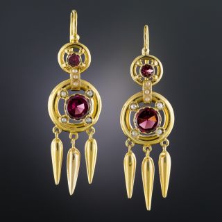 Victorian Garnet and Seed Pearl Drop Earrings - 2