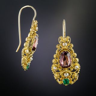 Victorian Garnet, Emerald and Diamond Cannetille Earrings