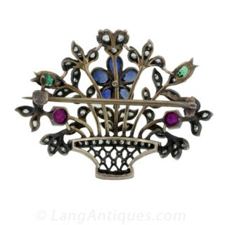 Victorian Gem Set Flower Basket Pin
