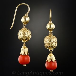 Victorian Gold and Coral Drop Earrings