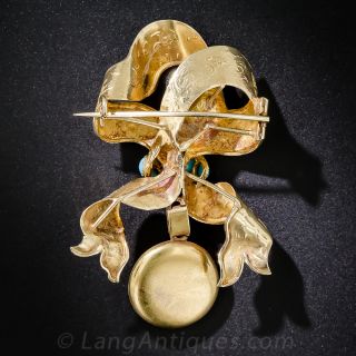 Victorian Gold and Turquoise Bow Brooch With Locket