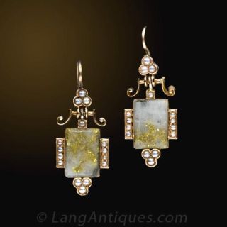 Victorian Gold In Quartz Brooch & Earring Set