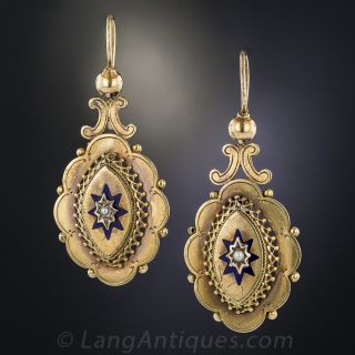 Victorian Gold, Pearl and Enamel Drop Earrings