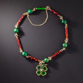 Victorian Green and Red Enamel Four Leaf Clover Bracelet - 1