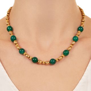 Victorian Green Chalcedony and Gold Bead Necklace