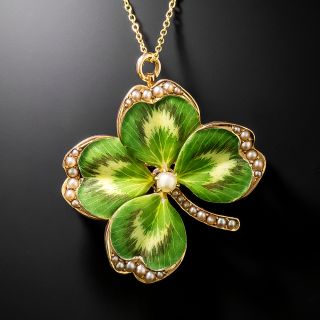 Victorian Green Enamel And Seed Pearl Shamrock Pendant/Brooch - 2