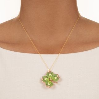 Victorian Green Enamel And Seed Pearl Shamrock Pendant/Brooch