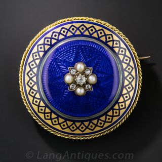 Victorian Guilloche Enamel Pin with Diamonds and Seed Pearls
