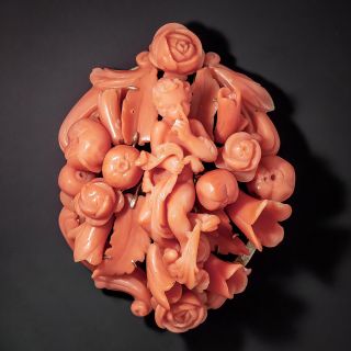 Victorian Hand-Carved Coral Cherub Brooch - 0