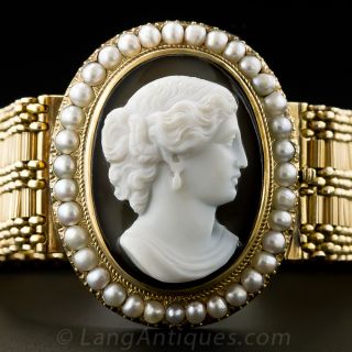 Victorian Hard Stone Cameo and Pearl Bracelet - 1