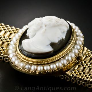 Victorian Hard Stone Cameo and Pearl Bracelet