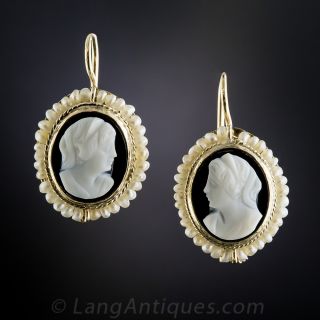 Victorian Hard Stone Cameo and Seed Pearl Earrings - 1