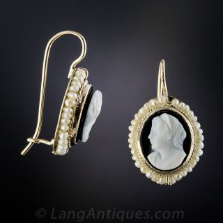 Victorian Hard Stone Cameo and Seed Pearl Earrings