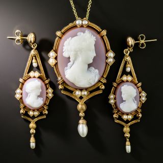Victorian Hardstone Cameo and Natural Pearl Pendant/Brooch and Earring Set - 2