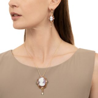 Victorian Hardstone Cameo and Natural Pearl Pendant/Brooch and Earring Set