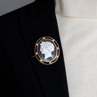 Victorian Hardstone & Natural Pearl Cameo Brooch