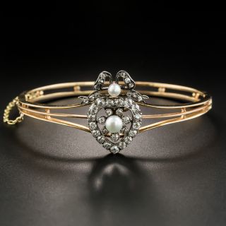 Victorian Heart-Motif Natural Pearl and Diamond Bangle Bracelet/Pendant - 2