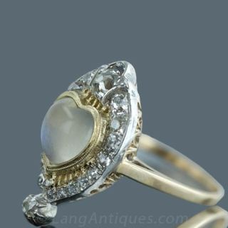 Victorian Heart Shaped Moonstone and Diamond Ring
