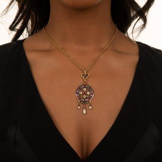 Victorian Holbeinesque Ruby, Diamond, Natural Pearl and Enamel Pendant