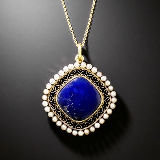 Victorian Lapis and Seed Pearl Pendant - 2
