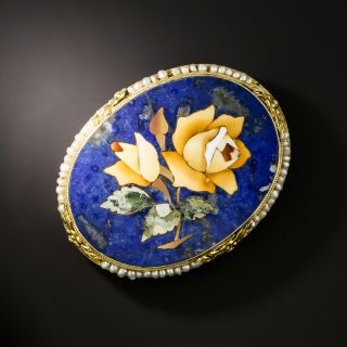  Victorian Lapis Lazuli Pietra Dura Flower Brooch - 1