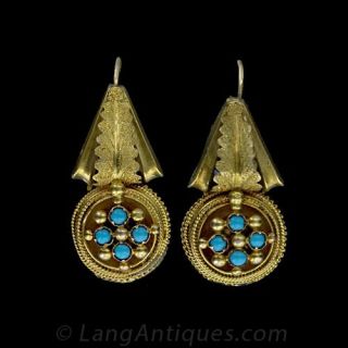 Victorian Etruscan Style Turquoise Gold Earrings