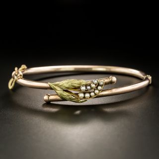 Victorian Leaf Motif Pearl Bangle Bracelet - 3