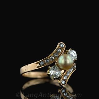 Victorian Natural Golden Pearl and Diamond Ring