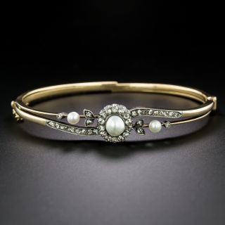 Victorian Natural Pearl and Diamond Bangle Bracelet - 3