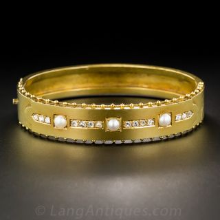 Victorian Natural Pearl and Diamond Bangle