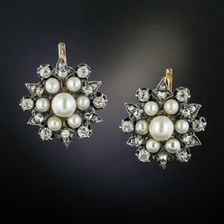 Victorian Natural Pearl and Diamond Cluster Earrings - 2