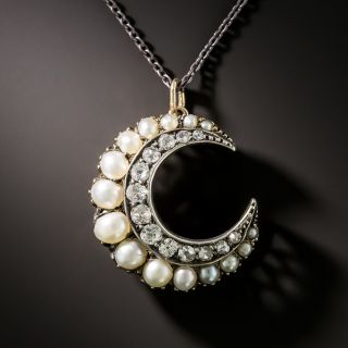Victorian Natural Pearl and Diamond Crescent Pendant - 1